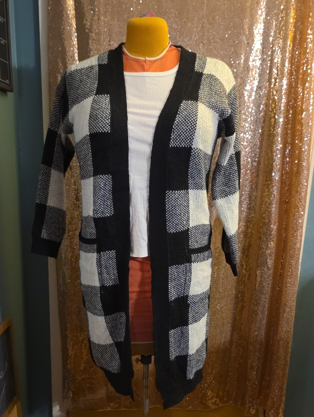 Open-Front Buffalo Plaid Cardigan Duster